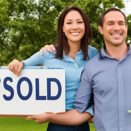 

An image of a smiling couple standing in front of their house with a "Sold" sign in the yard. The couple is happily celebrating the fact that they were able to refinance their mortgage and save money on their monthly payments. The article