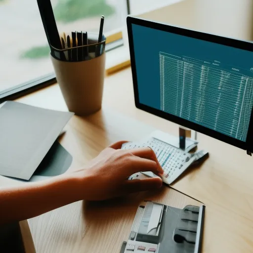 

The image shows a person sitting at a desk, looking at a computer monitor with a spreadsheet open on the screen. The person is using a calculator and has a stack of bills and coins next to them. The image conveys the idea of