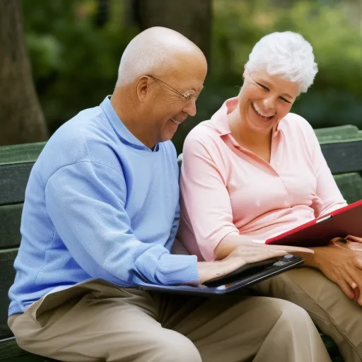 

An image of an elderly couple sitting on a park bench, looking over a budget spreadsheet on a laptop. The couple is smiling, showing that they are confident in their financial plans for retirement. The image illustrates how creating a budget can help retirees