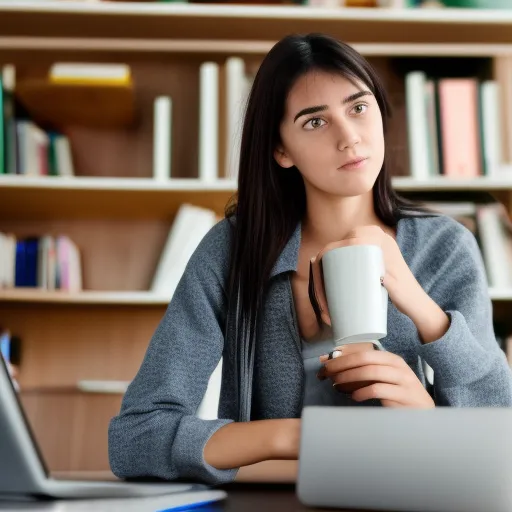 

The image shows a young woman in her twenties looking at a laptop, with a stack of books and a cup of coffee on the desk in front of her. She has a determined expression on her face, suggesting that she is researching and learning