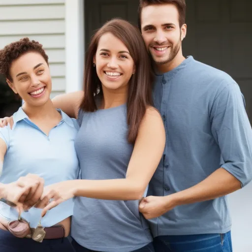 

An image of a smiling couple holding a set of house keys, standing in front of their newly purchased home. The couple is happy and relieved to have secured a low interest rate mortgage, allowing them to purchase their dream home.