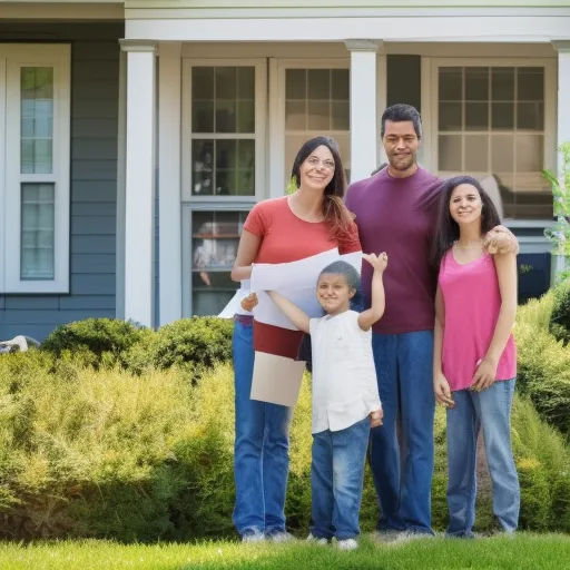 

The image shows a family of four standing in front of a house, with a large stack of paperwork in the foreground. The family is smiling, indicating that they have successfully navigated the complex process of obtaining a mortgage and are now ready to