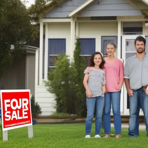 

An image of a family of four standing in front of their house, with a "For Sale" sign in the yard. The family looks concerned, indicating the potential risks of taking out a home equity loan.