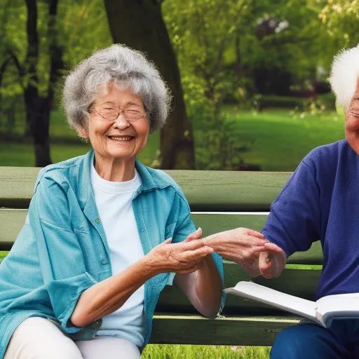 

The image shows an elderly couple sitting on a park bench, looking contented and relaxed. They are both smiling, and the woman is holding a document in her hands. The couple is surrounded by a lush green landscape, symbolizing the security