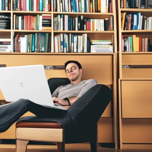 

The image shows a person sitting in a comfortable chair, looking relaxed and content, with a laptop in front of them. They are surrounded by a variety of different objects, such as a calculator, a stack of books, and a cup of