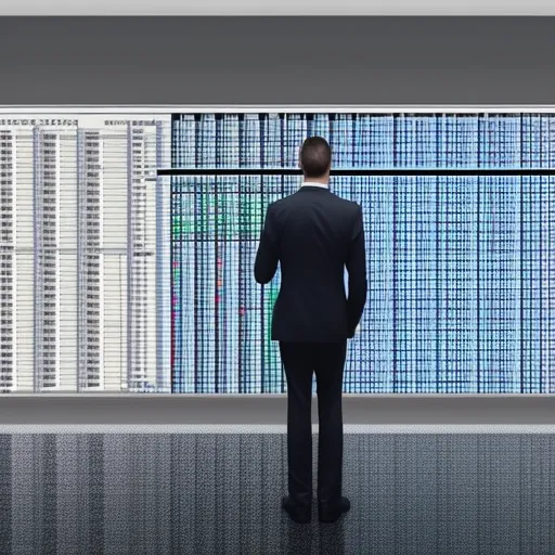 

The image shows a person in a suit, standing in front of a large wall of financial graphs and charts, looking intently at the data. The person is making a smart investment decision, using the data to inform their choice.