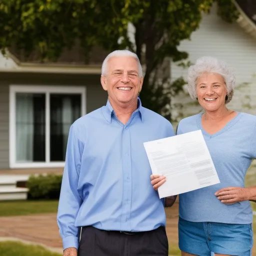 

An image of a senior couple smiling and standing in front of a house with a "For Sale" sign in the yard. The couple is holding a stack of papers, likely representing the documents for the sale of the house. The image conve